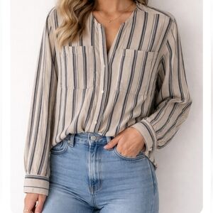 KOTN Beige and Navy Striped Button Down Shirt